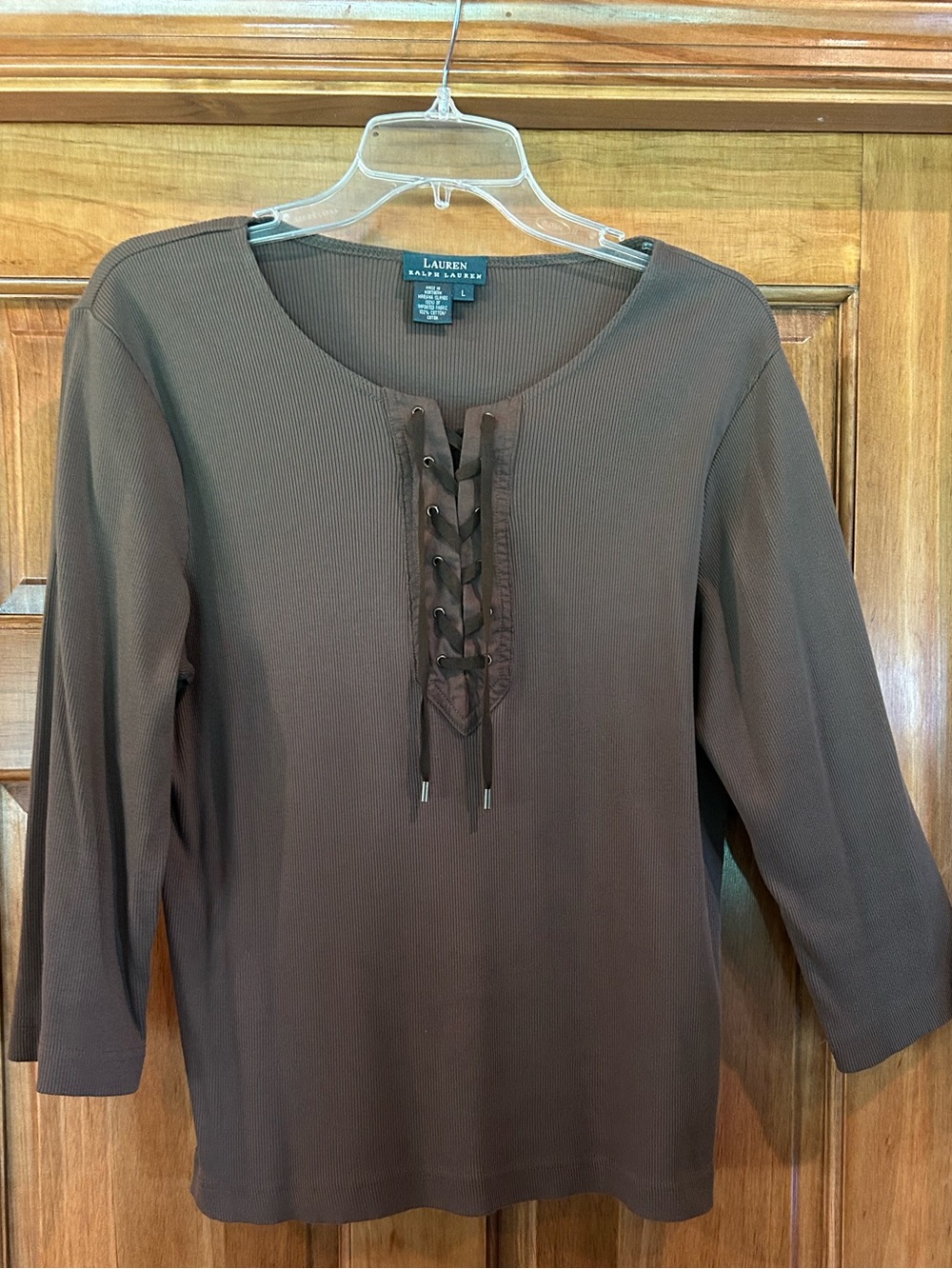 NWOT Lauren Ralph Lauren Brown Lace-Up Ribbed 3/4 Sleeve Top